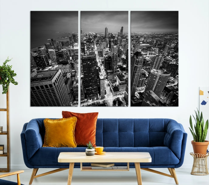 Aerial View of Chicago Black and White Skyline City Picture Wall Art Canvas Print