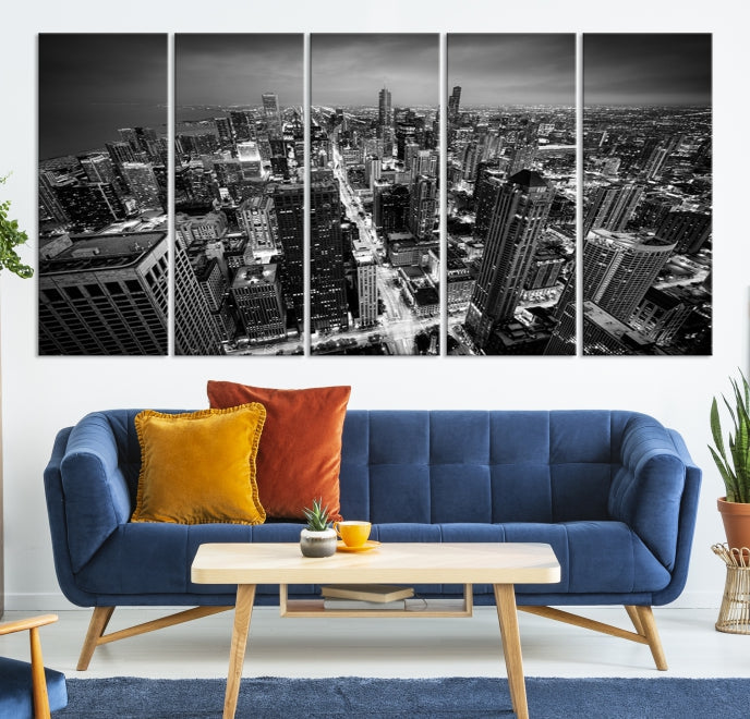 Aerial View of Chicago Black and White Skyline City Picture Wall Art Canvas Print