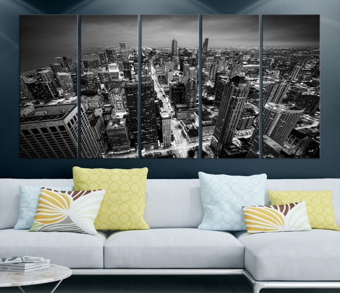 Aerial View of Chicago Black and White Skyline City Picture Wall Art Canvas Print