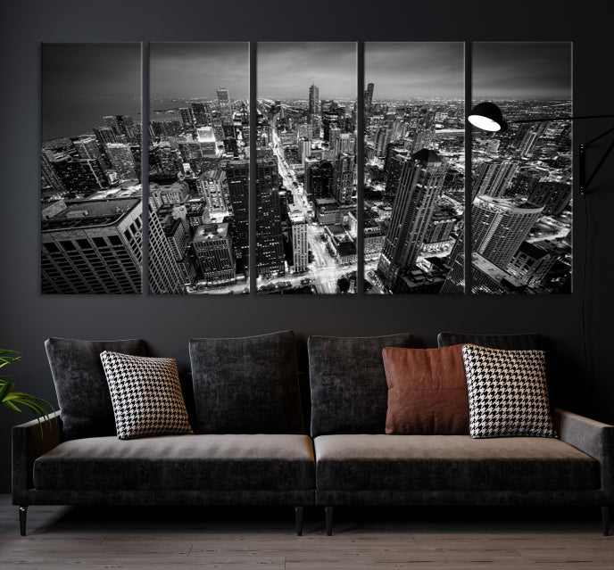 Aerial View of Chicago Black and White Skyline City Picture Wall Art Canvas Print