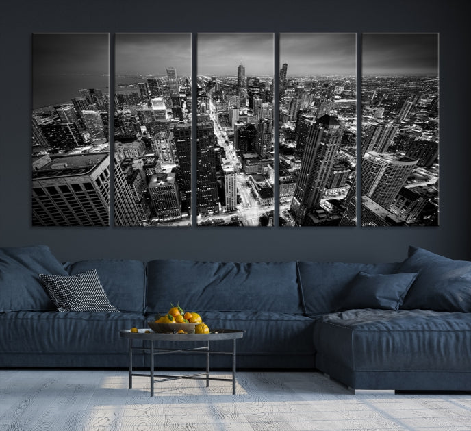 Aerial View of Chicago Black and White Skyline City Picture Wall Art Canvas Print