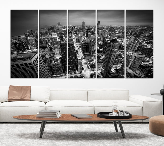 Aerial View of Chicago Black and White Skyline City Picture Wall Art Canvas Print