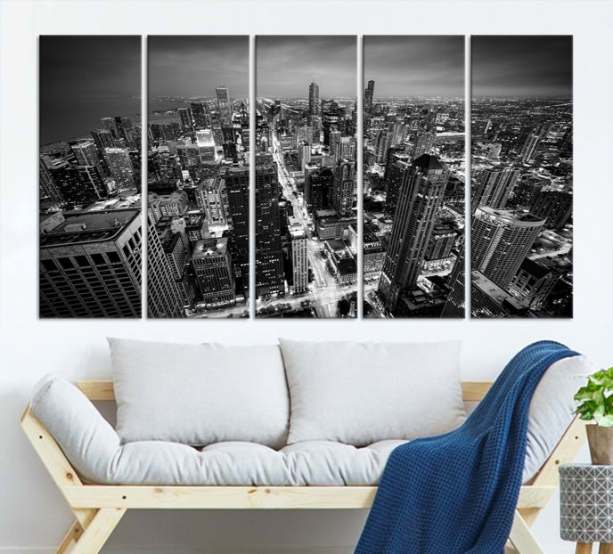 Aerial View of Chicago Black and White Skyline City Picture Wall Art Canvas Print