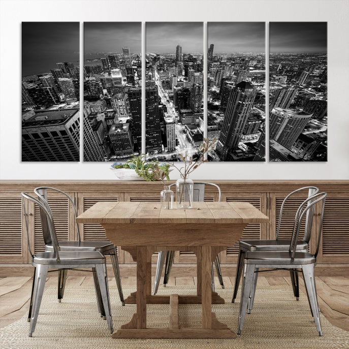 Aerial View of Chicago Black and White Skyline City Picture Wall Art Canvas Print