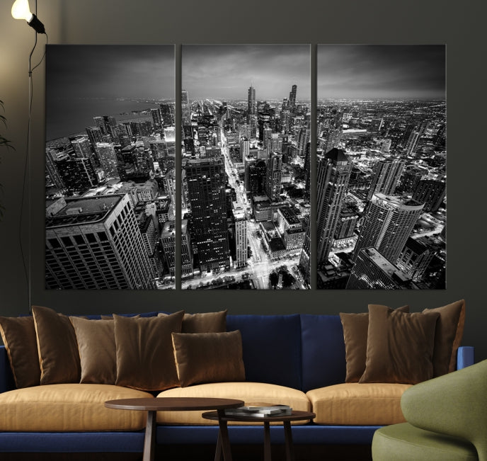 Aerial View of Chicago Black and White Skyline City Picture Wall Art Canvas Print