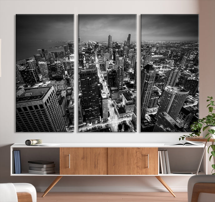 Aerial View of Chicago Black and White Skyline City Picture Wall Art Canvas Print