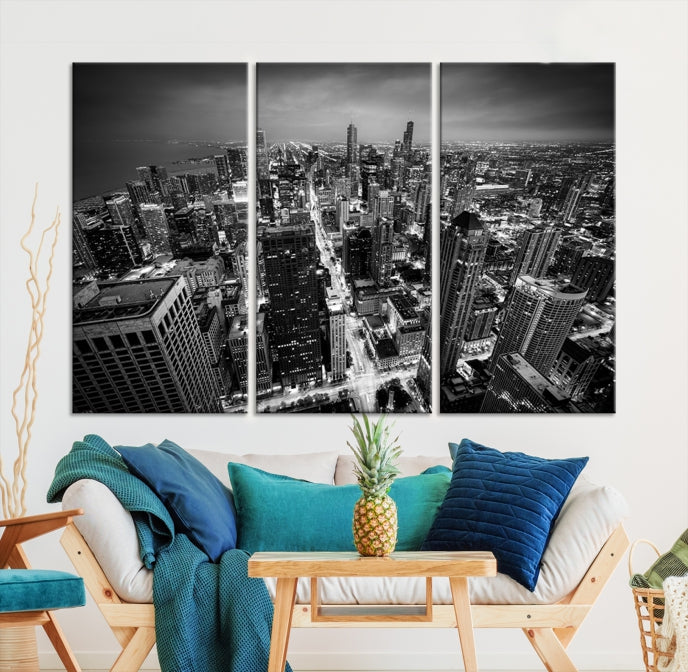 Aerial View of Chicago Black and White Skyline City Picture Wall Art Canvas Print