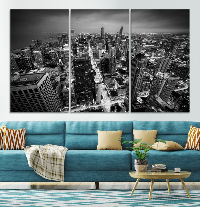 Aerial View of Chicago Black and White Skyline City Picture Wall Art Canvas Print