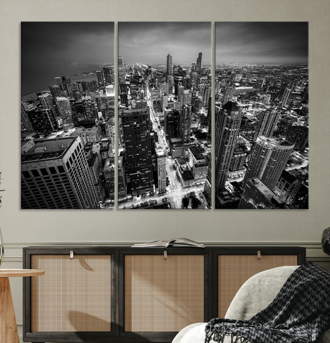 Aerial View of Chicago Black and White Skyline City Picture Wall Art Canvas Print