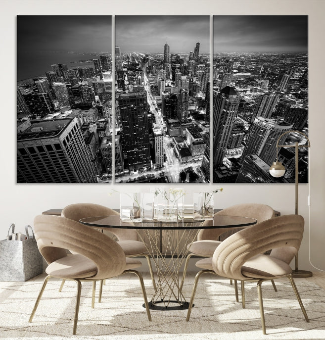 Aerial View of Chicago Black and White Skyline City Picture Wall Art Canvas Print