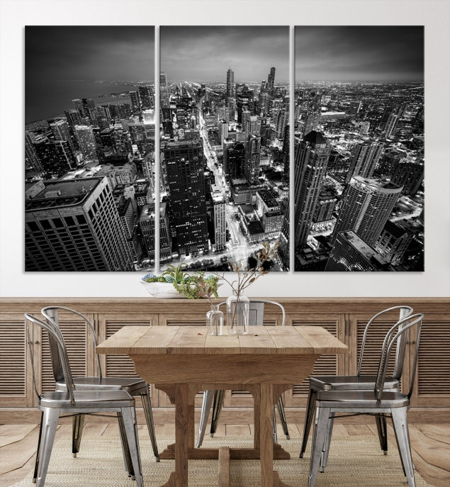 Aerial View of Chicago Black and White Skyline City Picture Wall Art Canvas Print