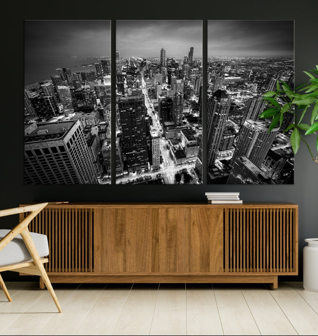 Aerial View of Chicago Black and White Skyline City Picture Wall Art Canvas Print