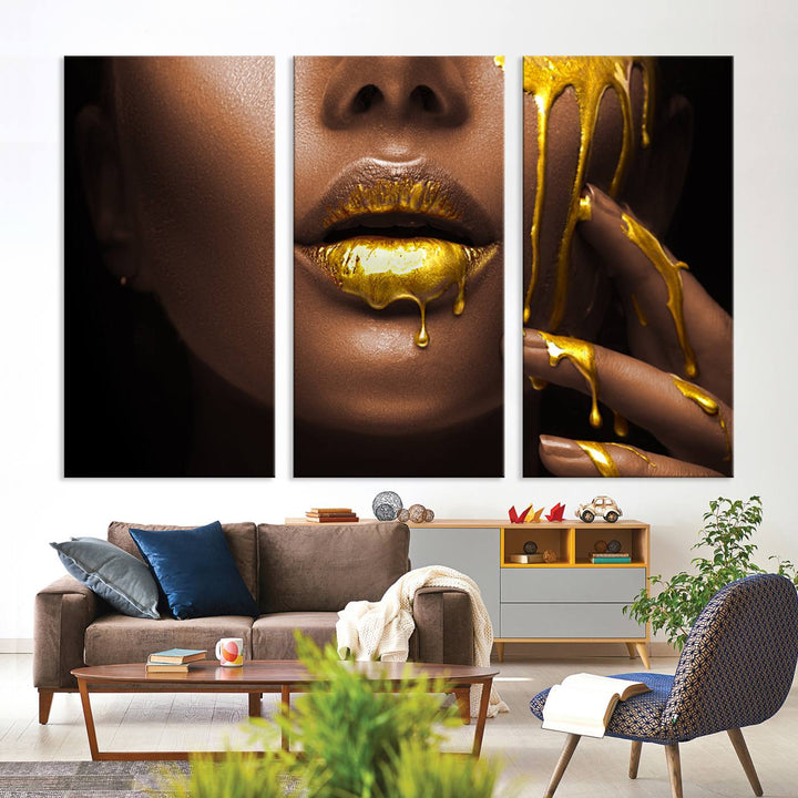 African American Art Black Woman Canvas Print, African Wall Art, Fashion African Woman Gold Lips Luxury Wall Decor, Black Gold Large Canvas Art