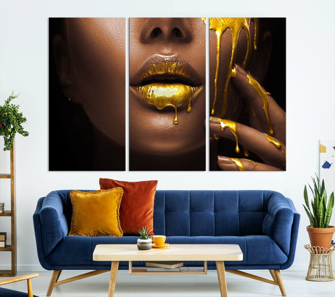 African American Art Black Woman Canvas Print, African Wall Art, Fashion African Woman Gold Lips Luxury Wall Decor, Black Gold Large Canvas Art