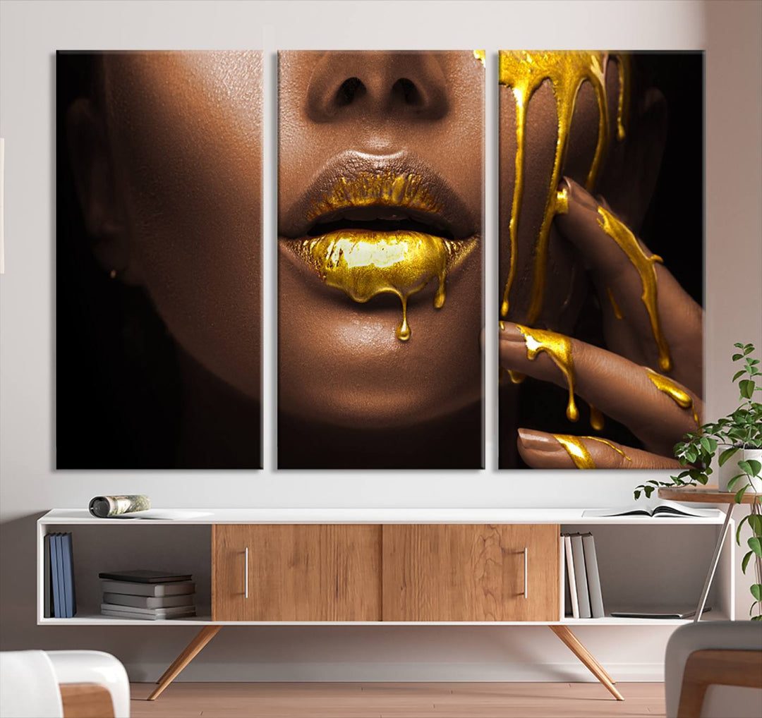 African American Art Black Woman Canvas Print, African Wall Art, Fashion African Woman Gold Lips Luxury Wall Decor, Black Gold Large Canvas Art