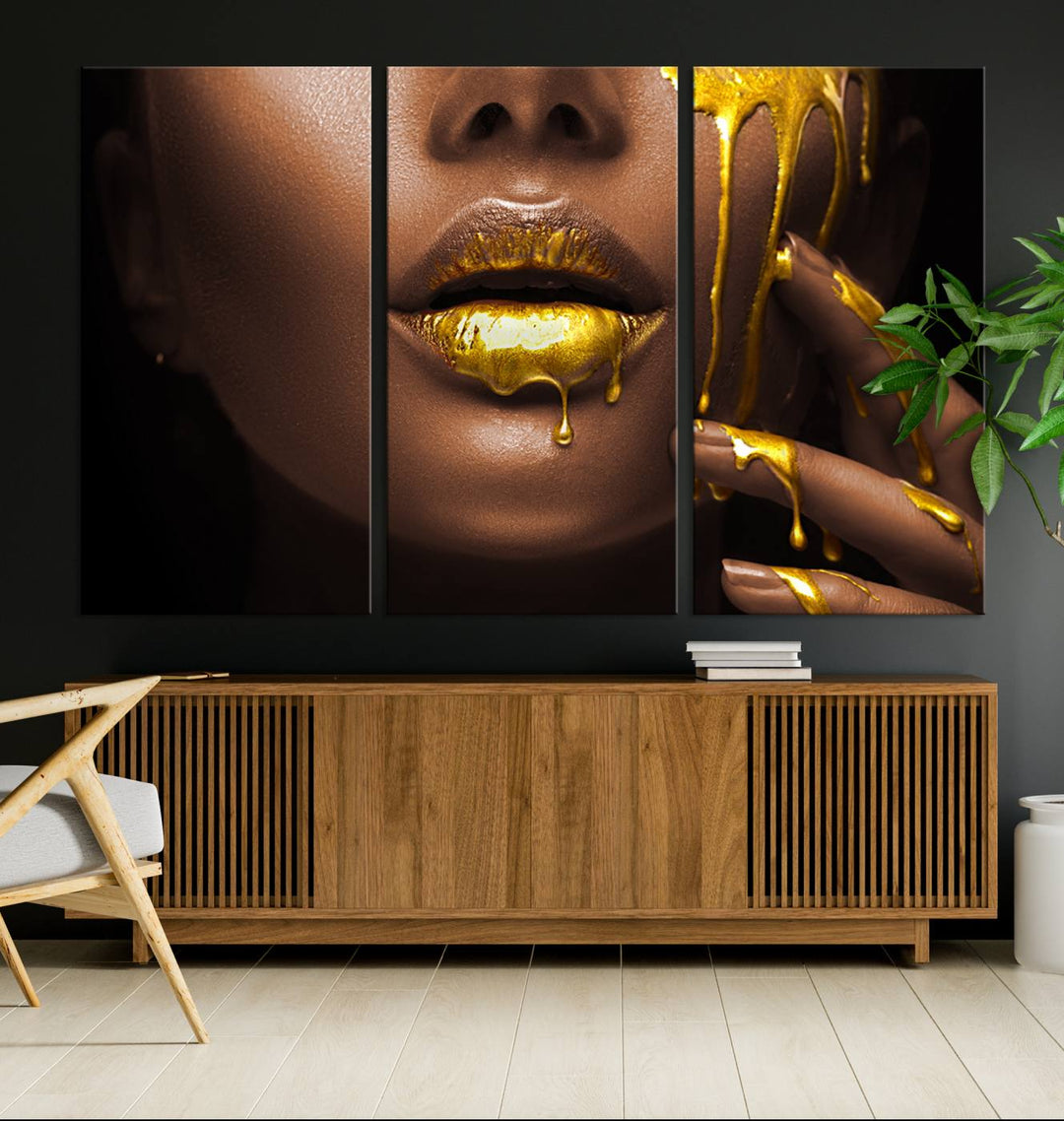 African American Art Black Woman Canvas Print, African Wall Art, Fashion African Woman Gold Lips Luxury Wall Decor, Black Gold Large Canvas Art