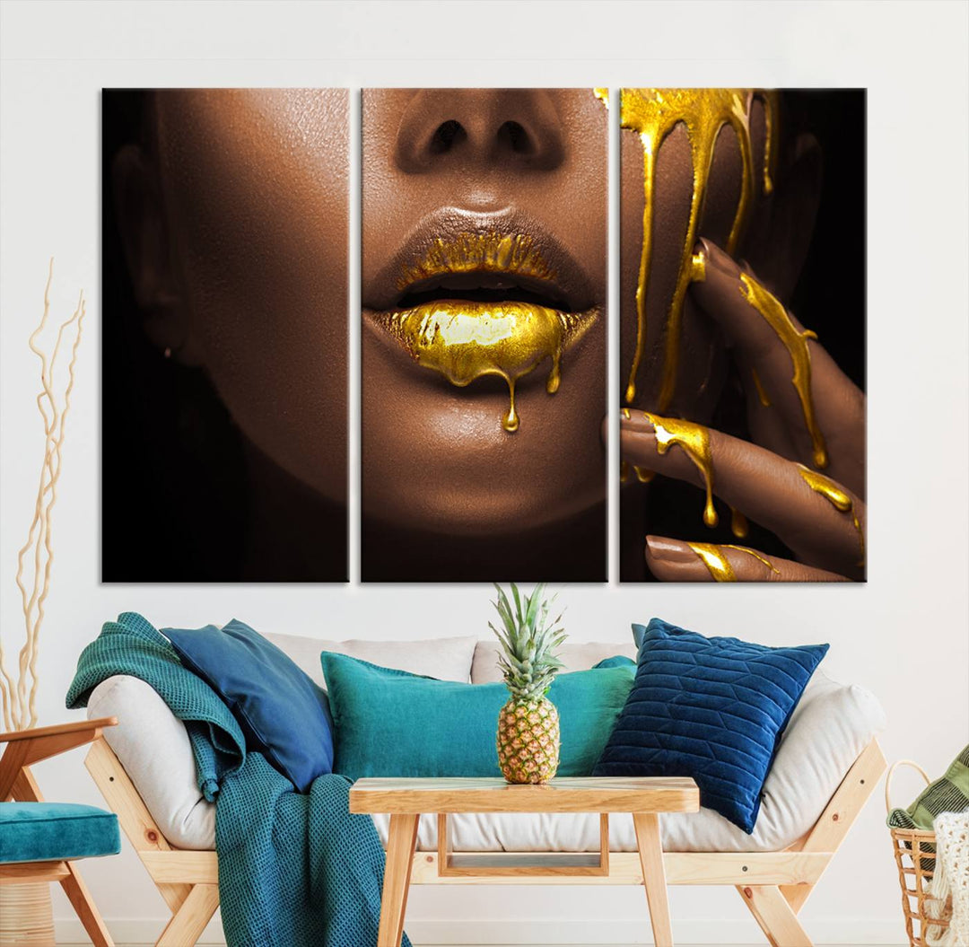 African American Art Black Woman Canvas Print, African Wall Art, Fashion African Woman Gold Lips Luxury Wall Decor, Black Gold Large Canvas Art