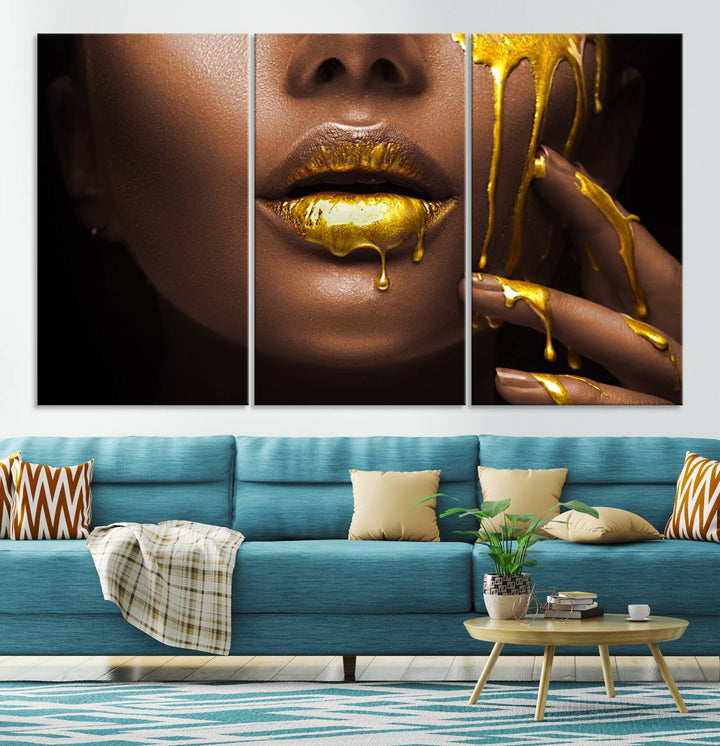 African American Art Black Woman Canvas Print, African Wall Art, Fashion African Woman Gold Lips Luxury Wall Decor, Black Gold Large Canvas Art