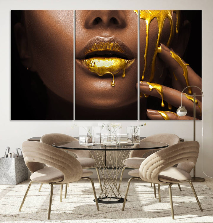 African American Art Black Woman Canvas Print, African Wall Art, Fashion African Woman Gold Lips Luxury Wall Decor, Black Gold Large Canvas Art