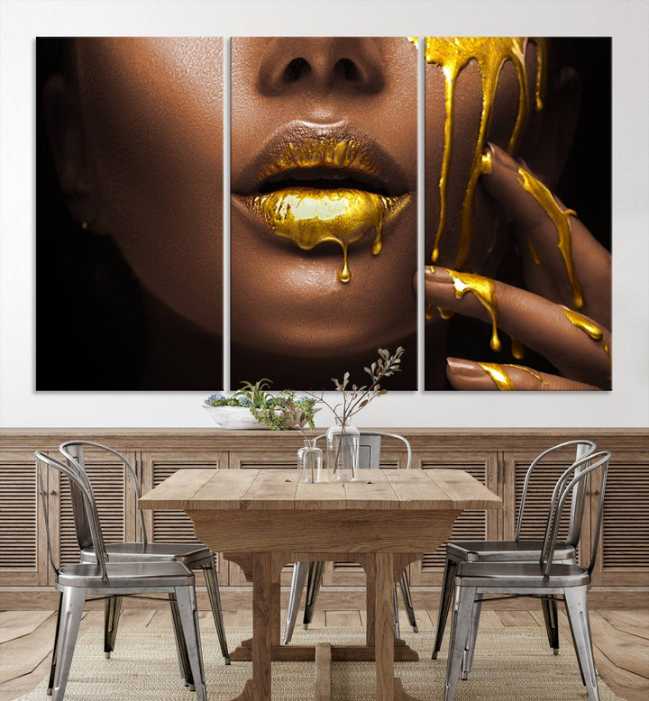 African American Art Black Woman Canvas Print, African Wall Art, Fashion African Woman Gold Lips Luxury Wall Decor, Black Gold Large Canvas Art