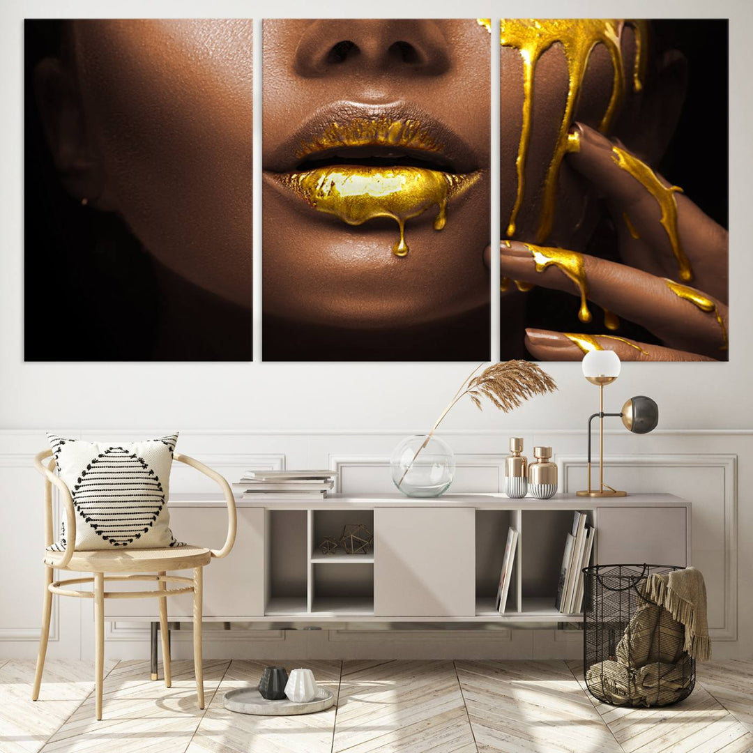 African American Art Black Woman Canvas Print, African Wall Art, Fashion African Woman Gold Lips Luxury Wall Decor, Black Gold Large Canvas Art