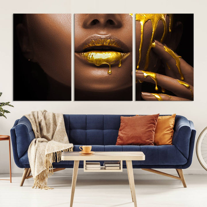 African American Art Black Woman Canvas Print, African Wall Art, Fashion African Woman Gold Lips Luxury Wall Decor, Black Gold Large Canvas Art