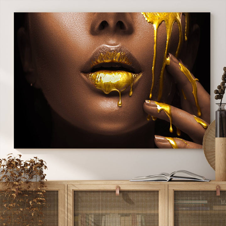 African American Art Black Woman Canvas Print, African Wall Art, Fashion African Woman Gold Lips Luxury Wall Decor, Black Gold Large Canvas Art