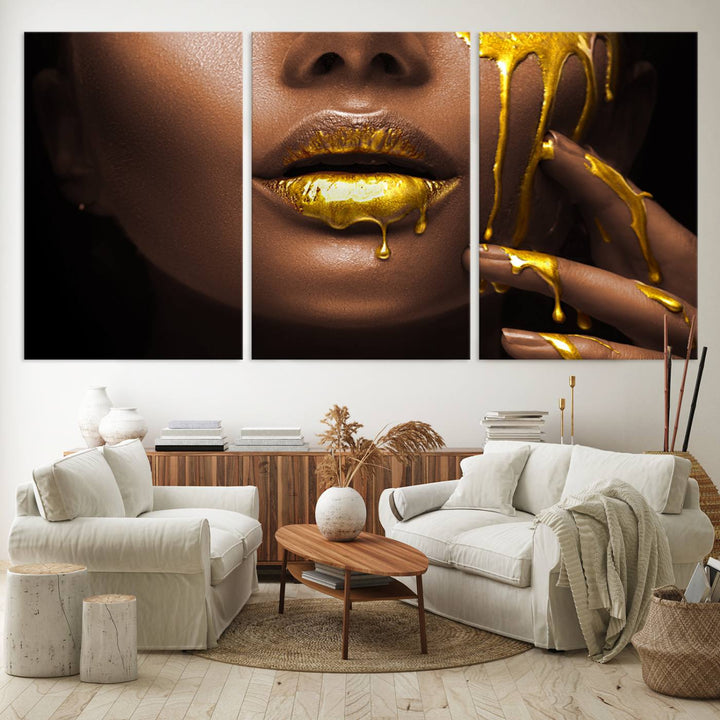 African American Art Black Woman Canvas Print, African Wall Art, Fashion African Woman Gold Lips Luxury Wall Decor, Black Gold Large Canvas Art