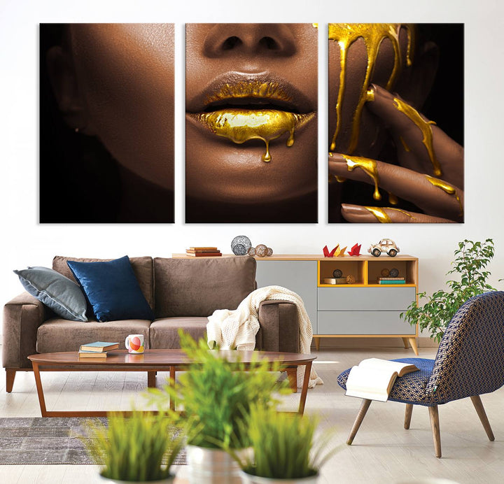 African American Art Black Woman Canvas Print, African Wall Art, Fashion African Woman Gold Lips Luxury Wall Decor, Black Gold Large Canvas Art