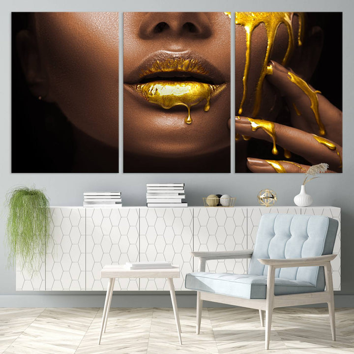 African American Art Black Woman Canvas Print, African Wall Art, Fashion African Woman Gold Lips Luxury Wall Decor, Black Gold Large Canvas Art