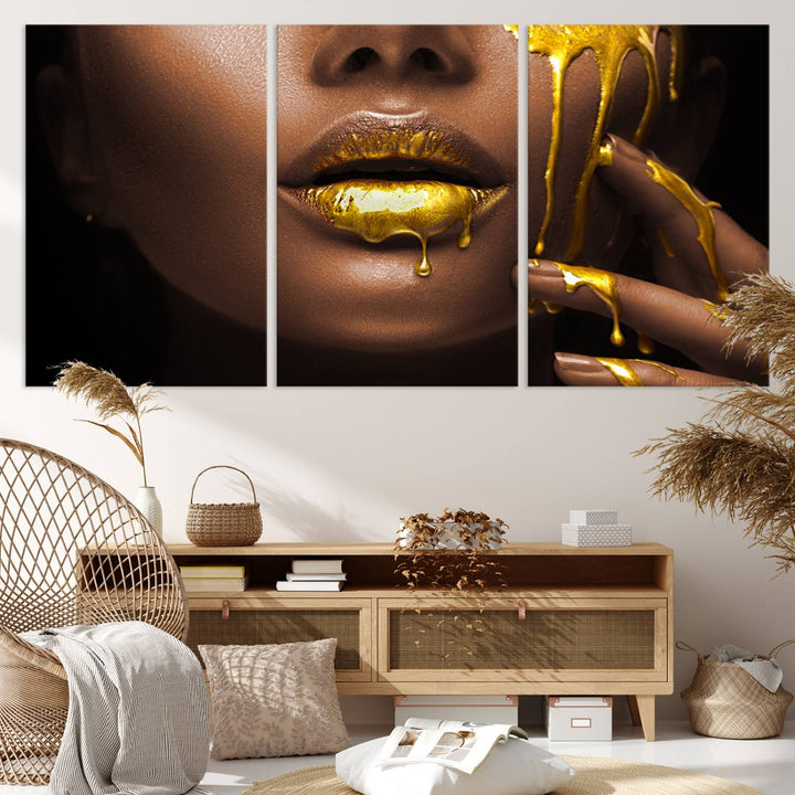 African American Art Black Woman Canvas Print, African Wall Art, Fashion African Woman Gold Lips Luxury Wall Decor, Black Gold Large Canvas Art