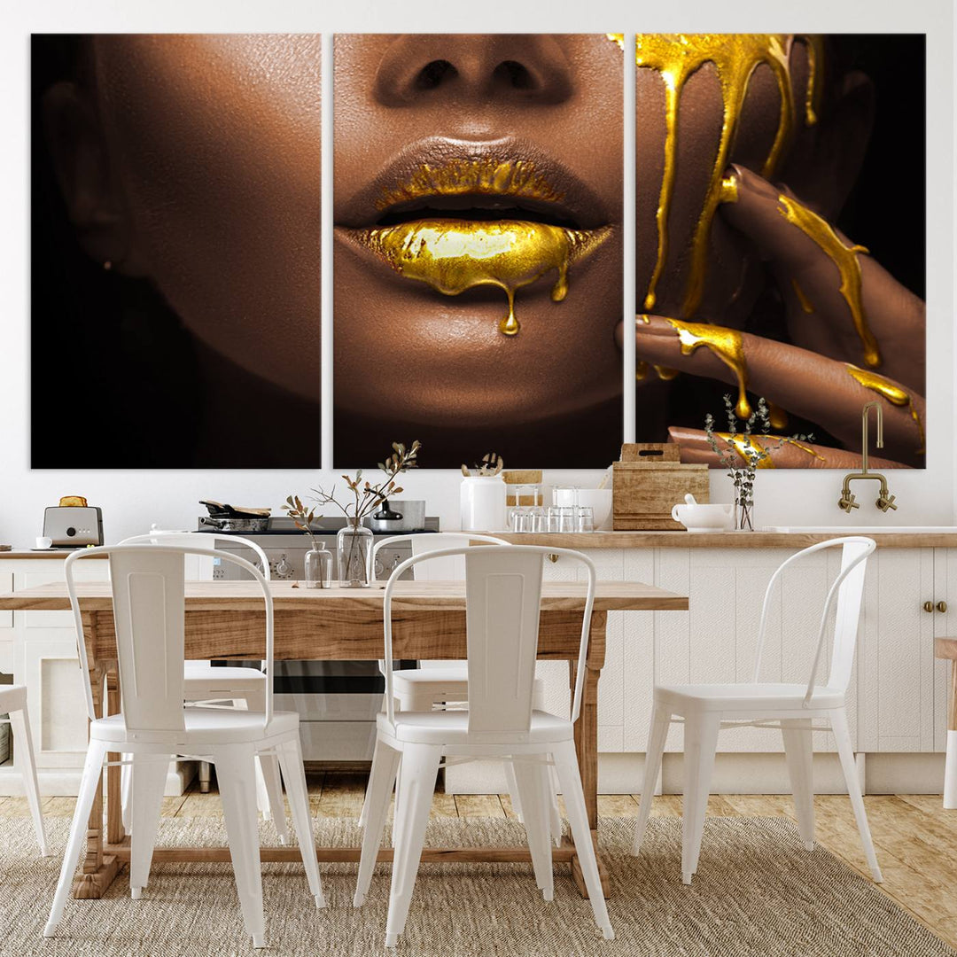 African American Art Black Woman Canvas Print, African Wall Art, Fashion African Woman Gold Lips Luxury Wall Decor, Black Gold Large Canvas Art