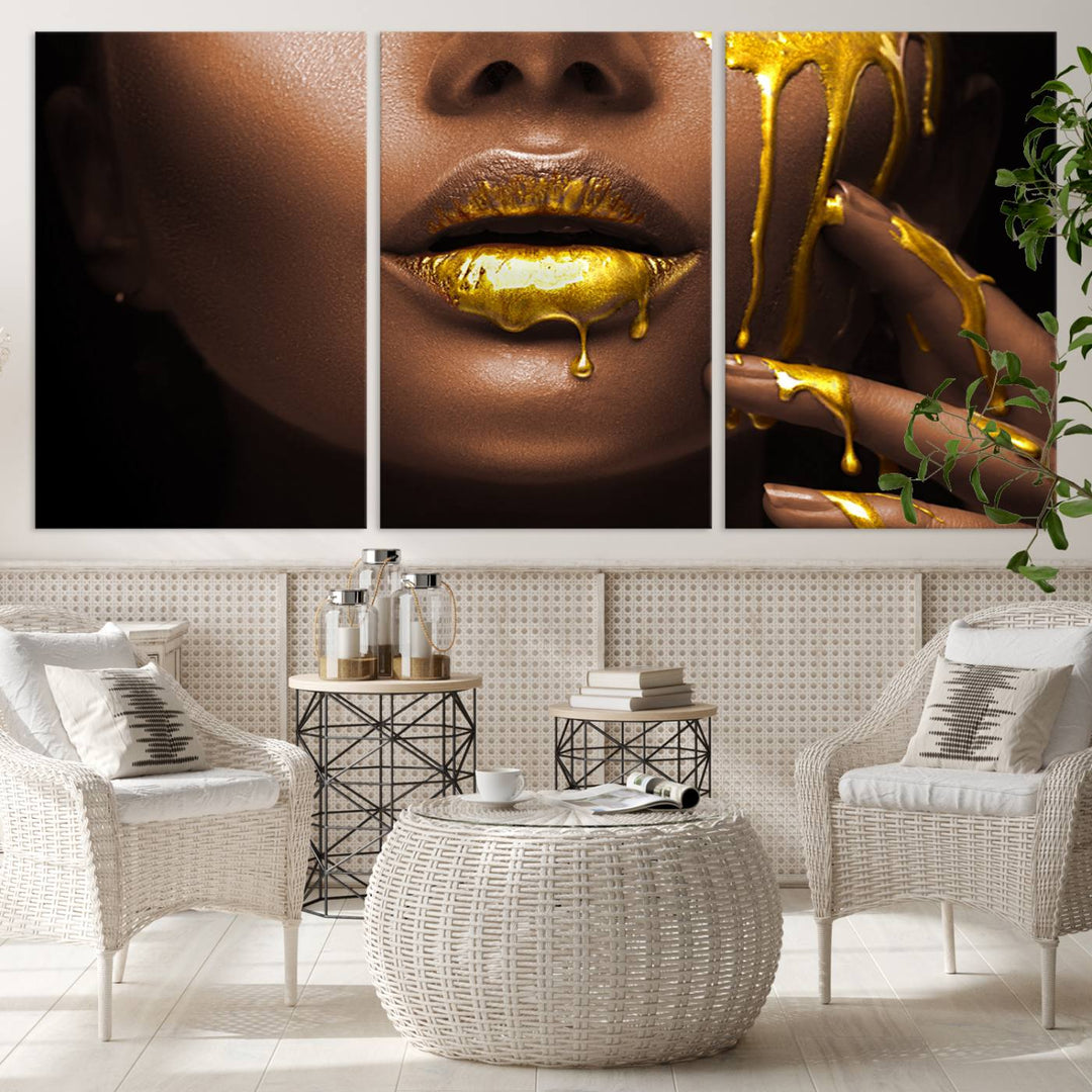 African American Art Black Woman Canvas Print, African Wall Art, Fashion African Woman Gold Lips Luxury Wall Decor, Black Gold Large Canvas Art