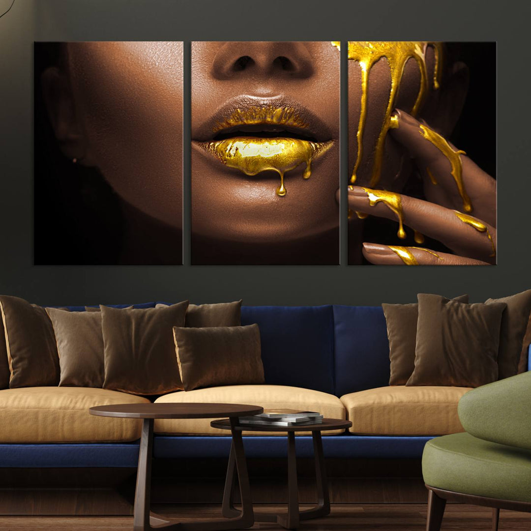 African American Art Black Woman Canvas Print, African Wall Art, Fashion African Woman Gold Lips Luxury Wall Decor, Black Gold Large Canvas Art