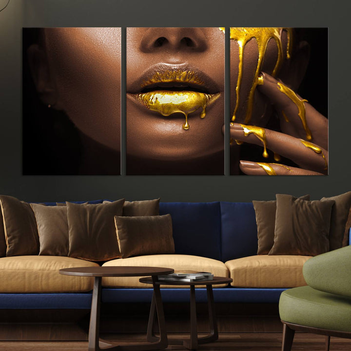 African American Art Black Woman Canvas Print, African Wall Art, Fashion African Woman Gold Lips Luxury Wall Decor, Black Gold Large Canvas Art