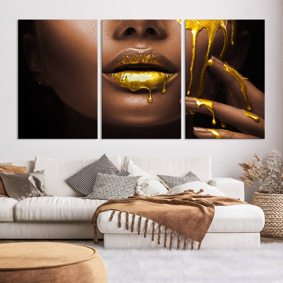 African American Art Black Woman Canvas Print, African Wall Art, Fashion African Woman Gold Lips Luxury Wall Decor, Black Gold Large Canvas Art