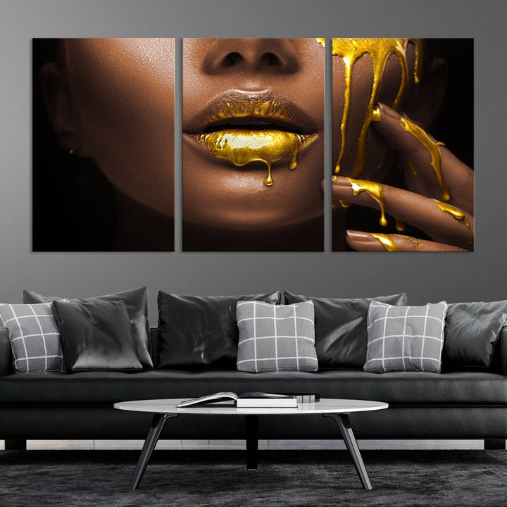 African American Art Black Woman Canvas Print, African Wall Art, Fashion African Woman Gold Lips Luxury Wall Decor, Black Gold Large Canvas Art