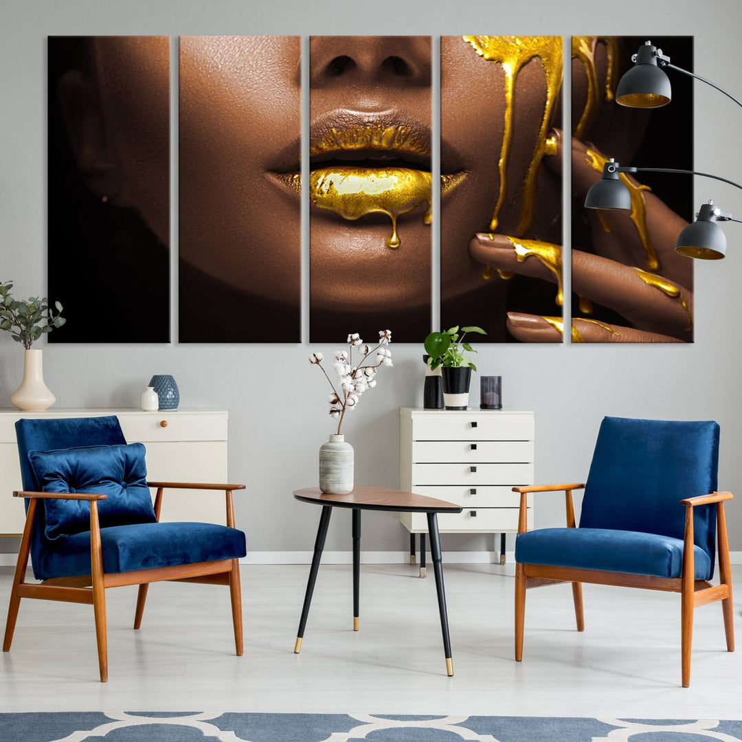 African American Art Black Woman Canvas Print, African Wall Art, Fashion African Woman Gold Lips Luxury Wall Decor, Black Gold Large Canvas Art