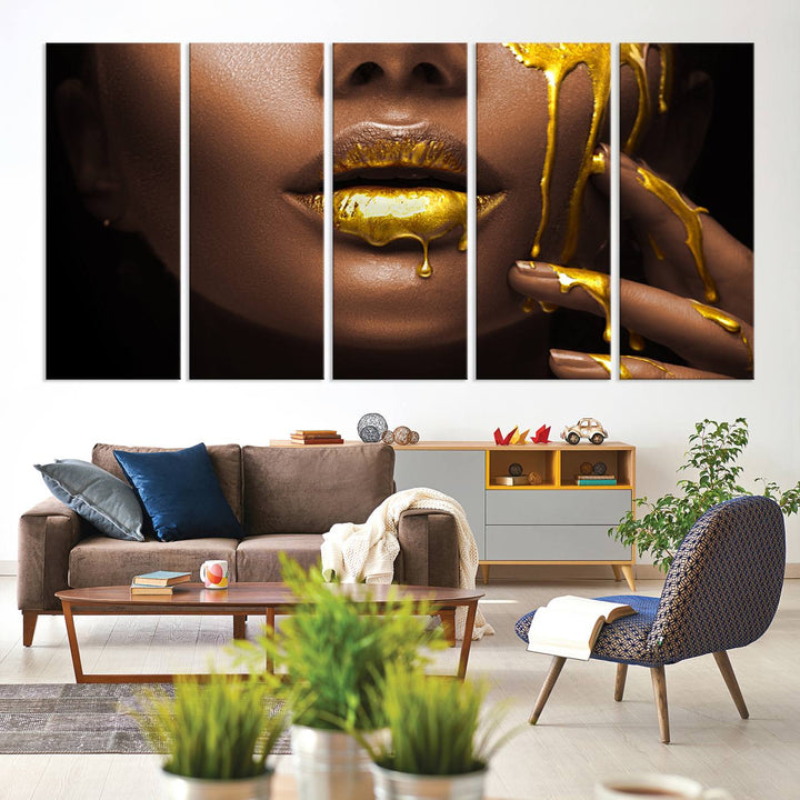 African American Art Black Woman Canvas Print, African Wall Art, Fashion African Woman Gold Lips Luxury Wall Decor, Black Gold Large Canvas Art