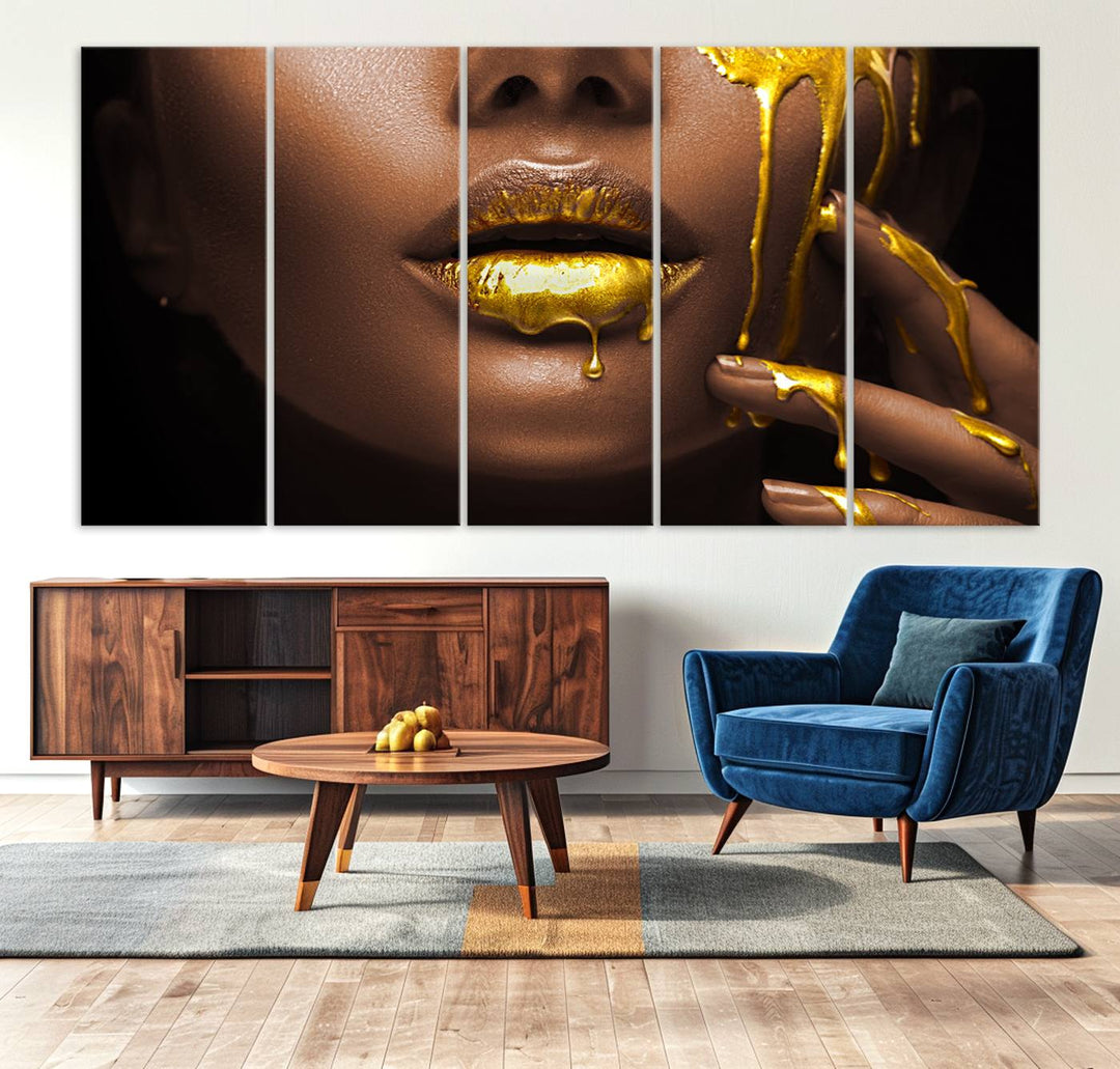 African American Art Black Woman Canvas Print, African Wall Art, Fashion African Woman Gold Lips Luxury Wall Decor, Black Gold Large Canvas Art