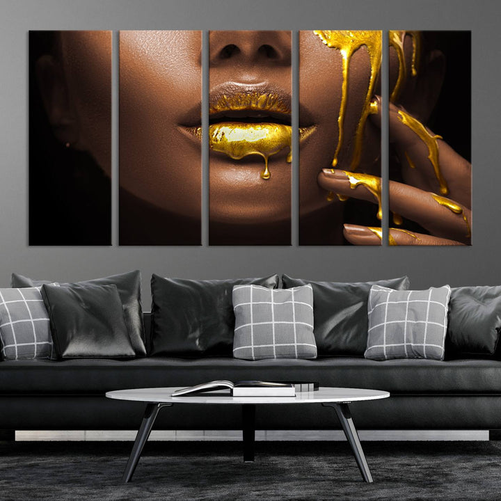 African American Art Black Woman Canvas Print, African Wall Art, Fashion African Woman Gold Lips Luxury Wall Decor, Black Gold Large Canvas Art