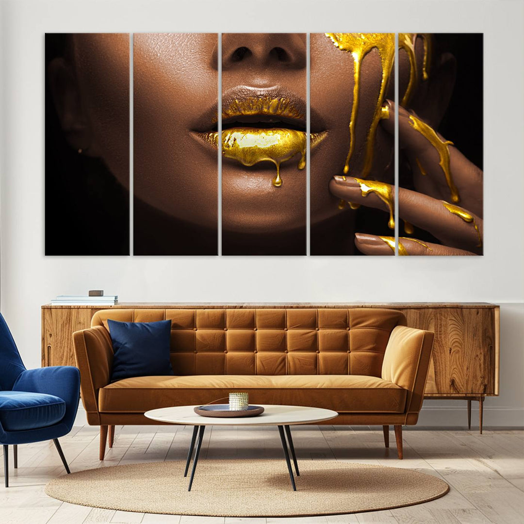 African American Art Black Woman Canvas Print, African Wall Art, Fashion African Woman Gold Lips Luxury Wall Decor, Black Gold Large Canvas Art