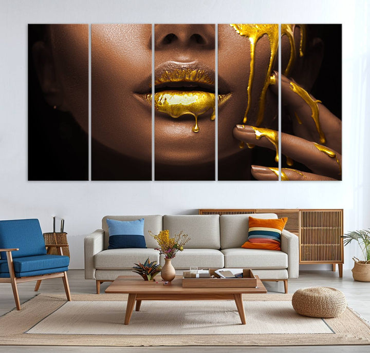 African American Art Black Woman Canvas Print, African Wall Art, Fashion African Woman Gold Lips Luxury Wall Decor, Black Gold Large Canvas Art