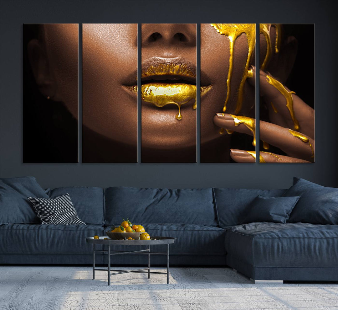 African American Art Black Woman Canvas Print, African Wall Art, Fashion African Woman Gold Lips Luxury Wall Decor, Black Gold Large Canvas Art