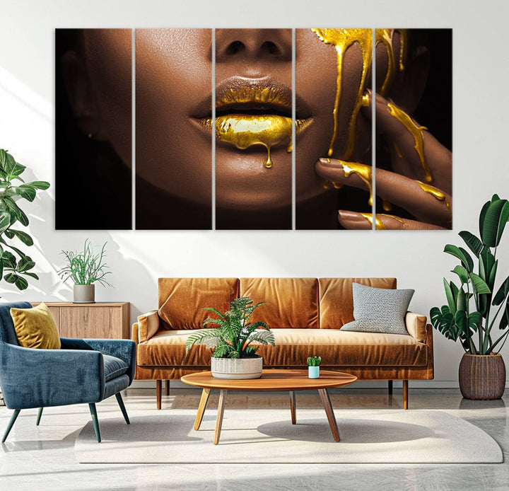 African American Art Black Woman Canvas Print, African Wall Art, Fashion African Woman Gold Lips Luxury Wall Decor, Black Gold Large Canvas Art