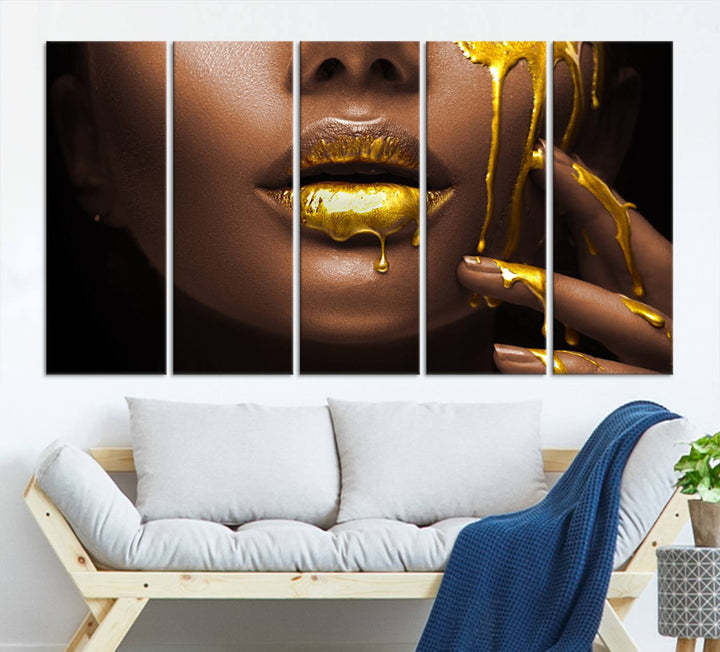 African American Art Black Woman Canvas Print, African Wall Art, Fashion African Woman Gold Lips Luxury Wall Decor, Black Gold Large Canvas Art