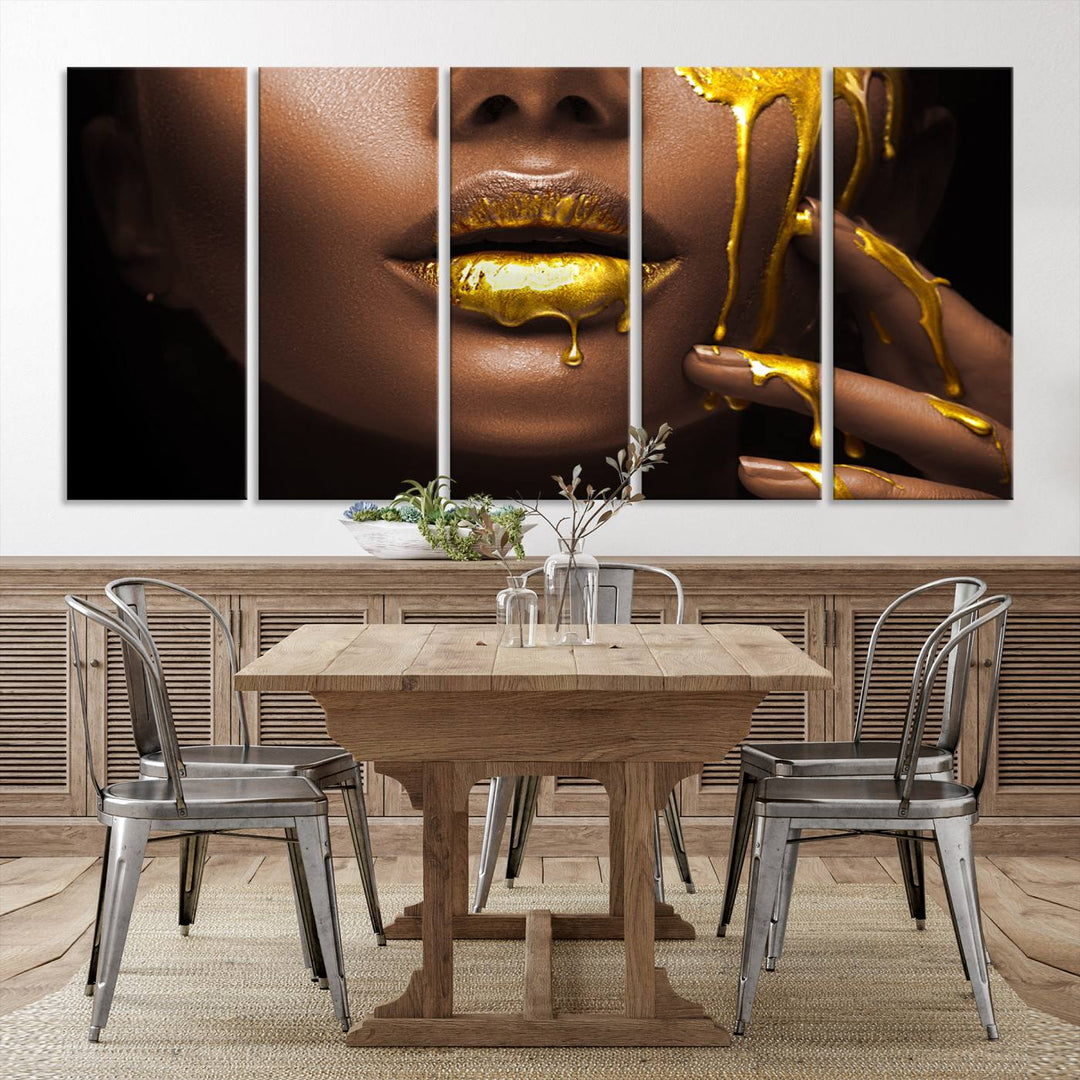 African American Art Black Woman Canvas Print, African Wall Art, Fashion African Woman Gold Lips Luxury Wall Decor, Black Gold Large Canvas Art