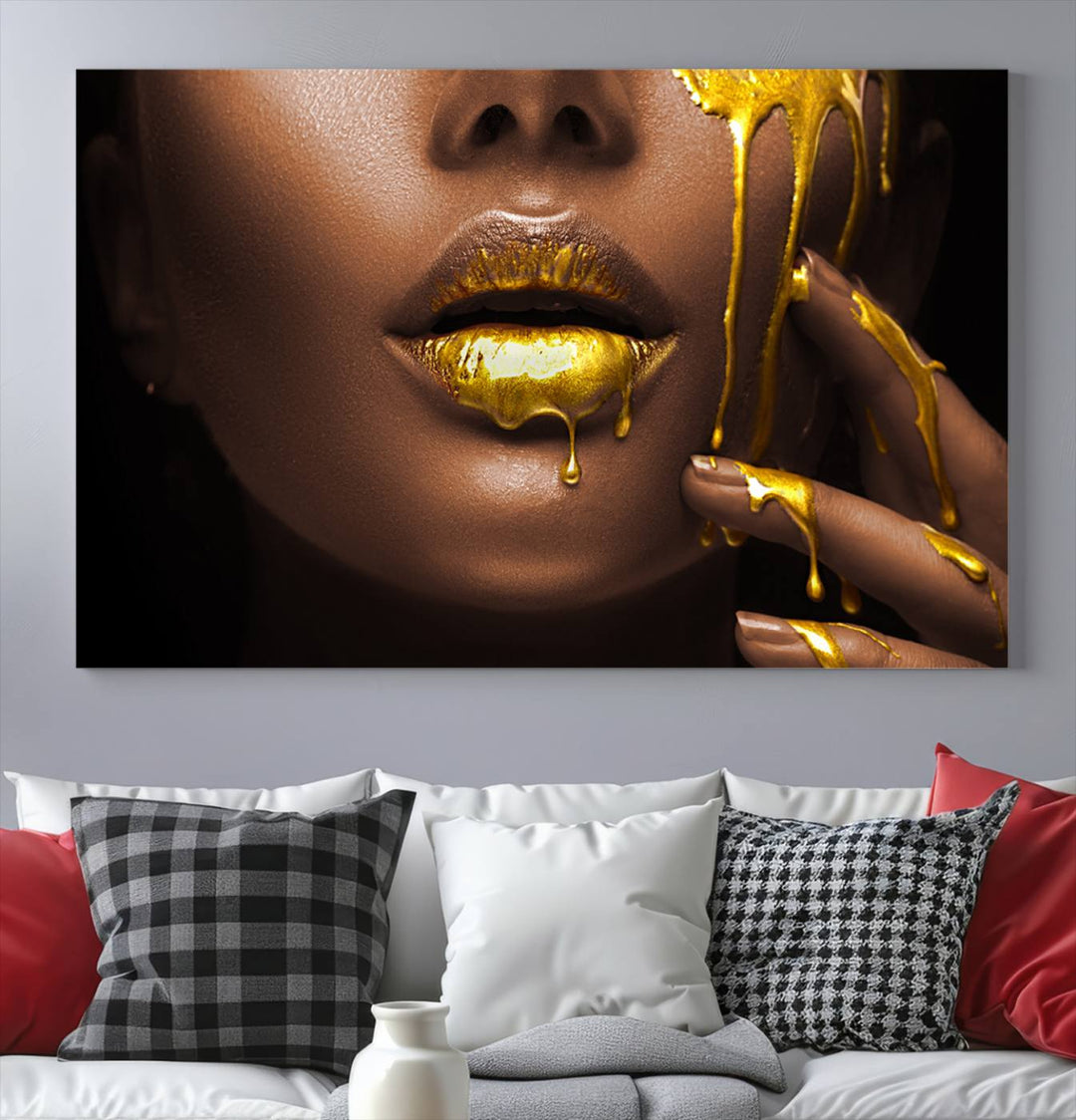 African American Art Black Woman Canvas Print, African Wall Art, Fashion African Woman Gold Lips Luxury Wall Decor, Black Gold Large Canvas Art