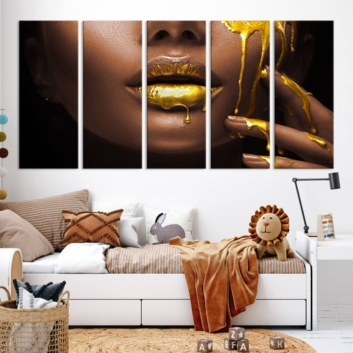 African American Art Black Woman Canvas Print, African Wall Art, Fashion African Woman Gold Lips Luxury Wall Decor, Black Gold Large Canvas Art