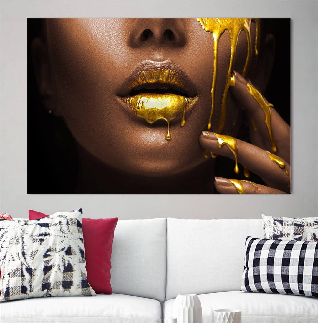 African American Art Black Woman Canvas Print, African Wall Art, Fashion African Woman Gold Lips Luxury Wall Decor, Black Gold Large Canvas Art